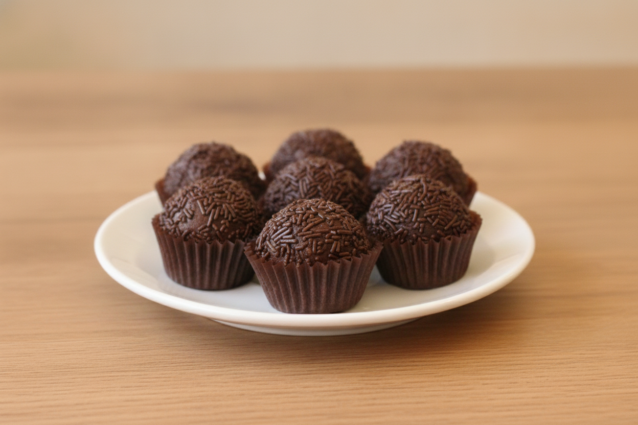 Brigadeiro al cioccolato con codette nei pirottini su piatto bianco