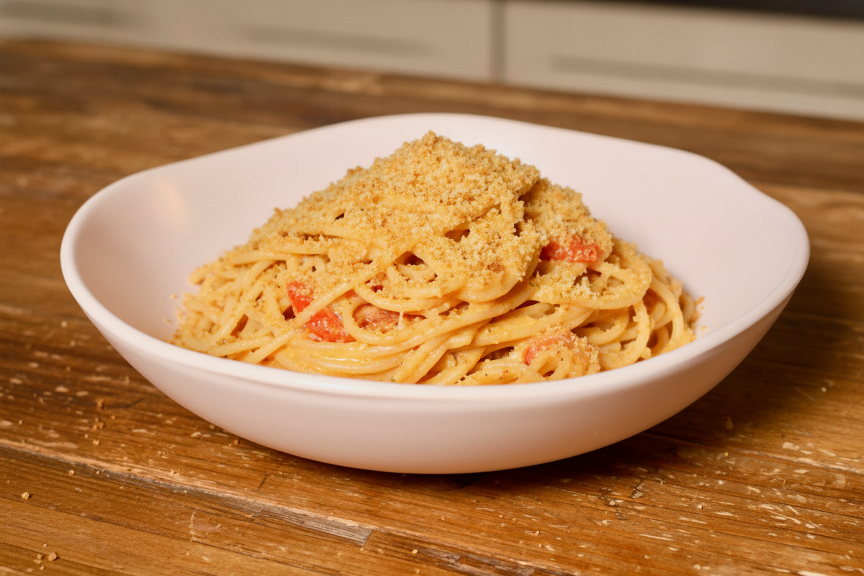 Pasta con crema di peperoni e ricotta e pangrattato croccante