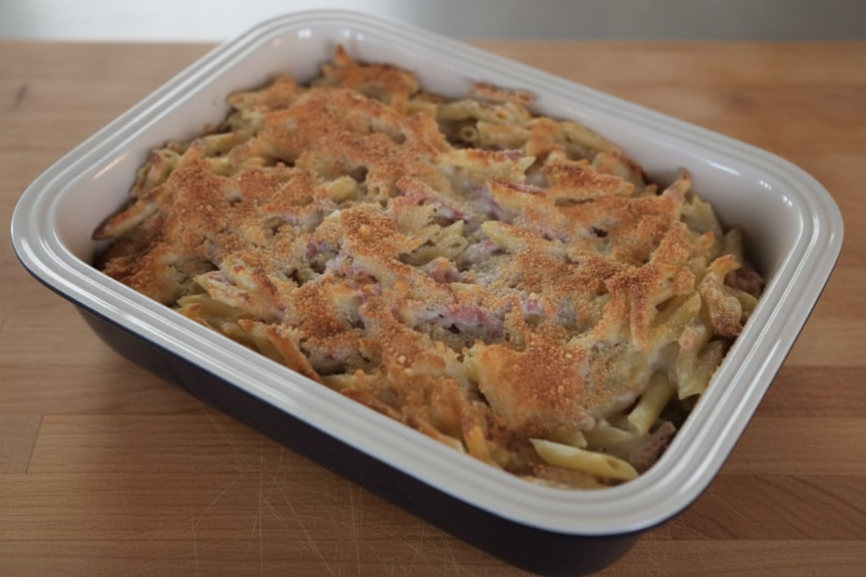 Pennette gratinate con panna e prosciutto