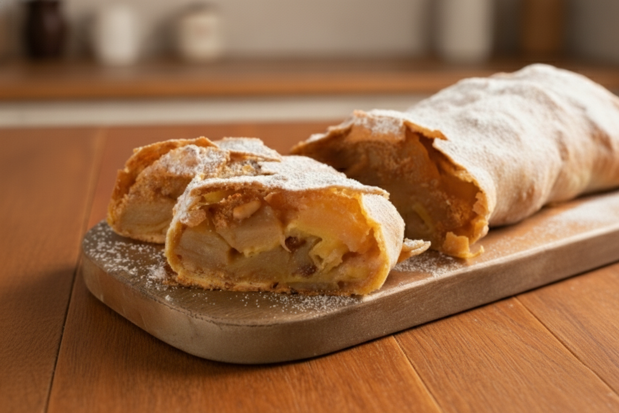 Strudel di mele con uvetta tagliato, spolverato di zucchero a velo